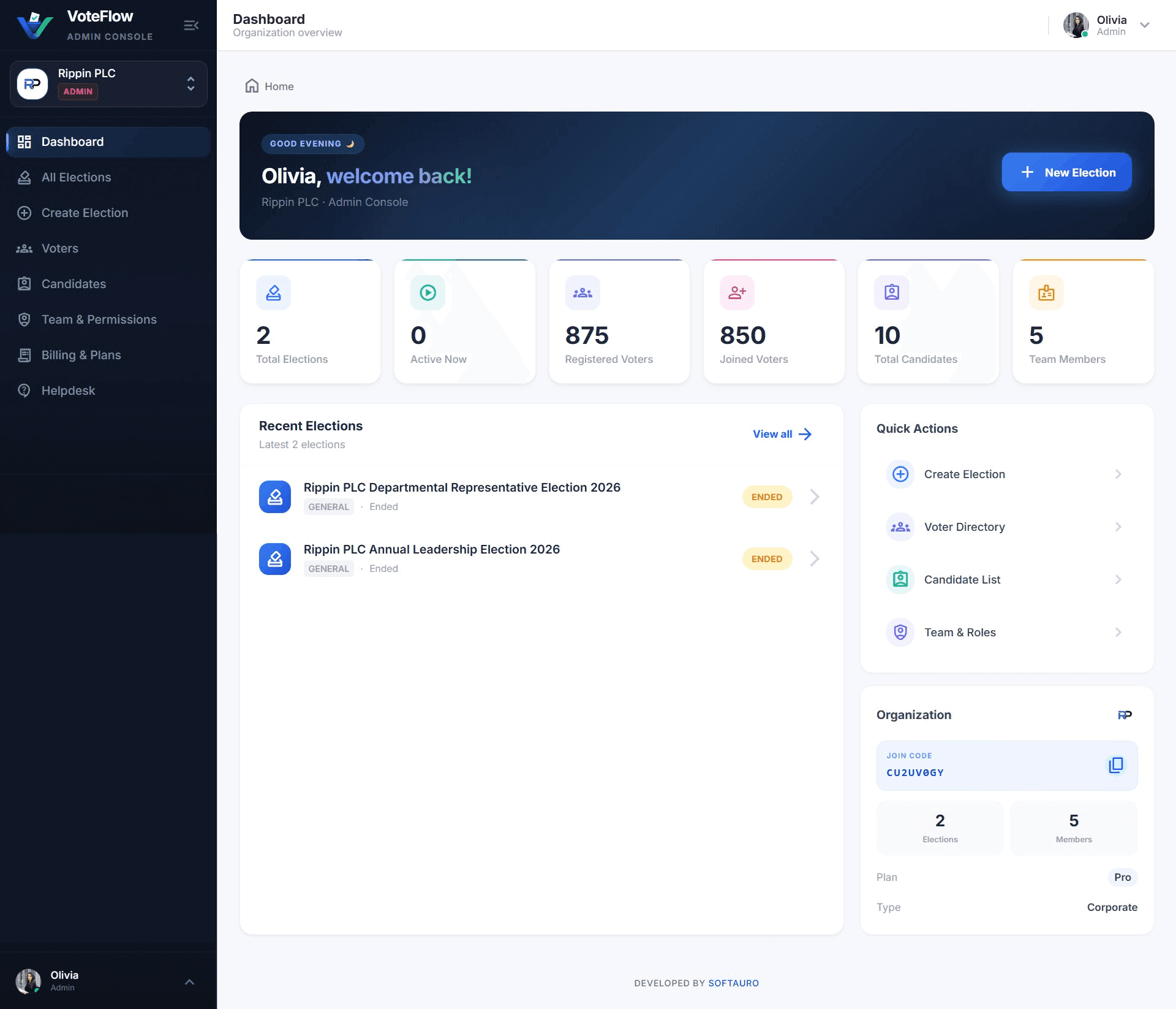 VoteFlow Admin Dashboard — Secure Online Voting Platform